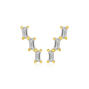 14k Yellow Gold Climber Post Earrings with Baguette Cubic Zirconias-rx80892