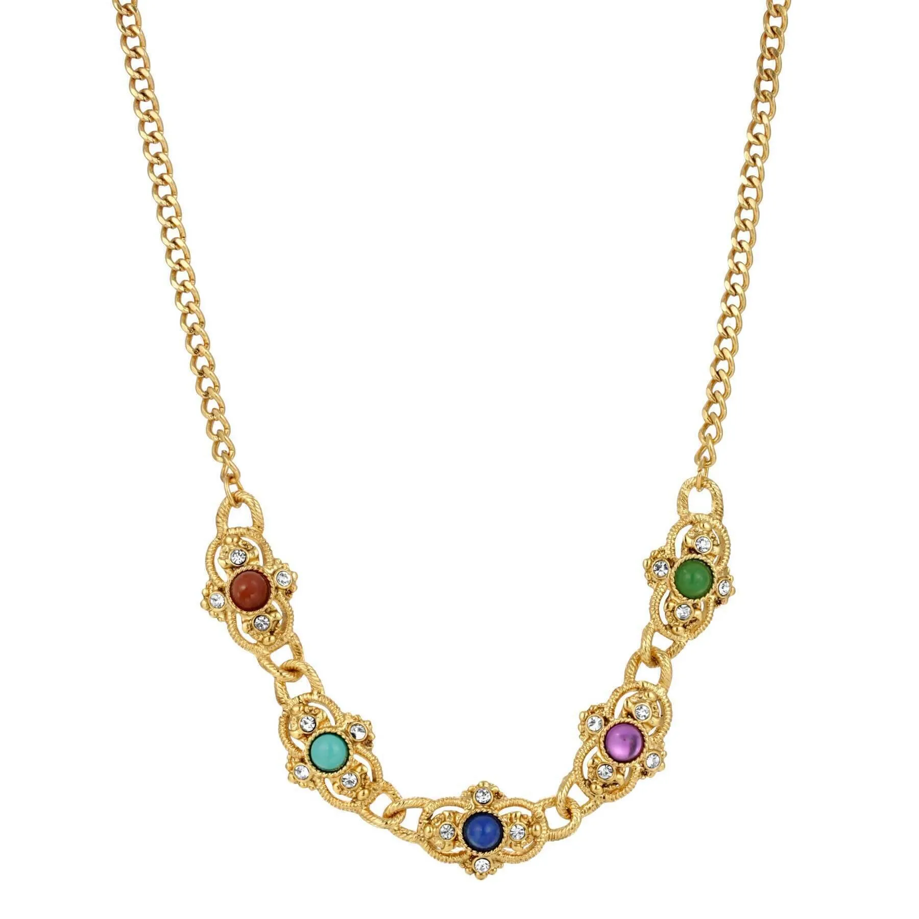 1928 Jewelry Prestige Textured Link Crystal Multi Color Stone Collar Necklace 15 + 3 Extender