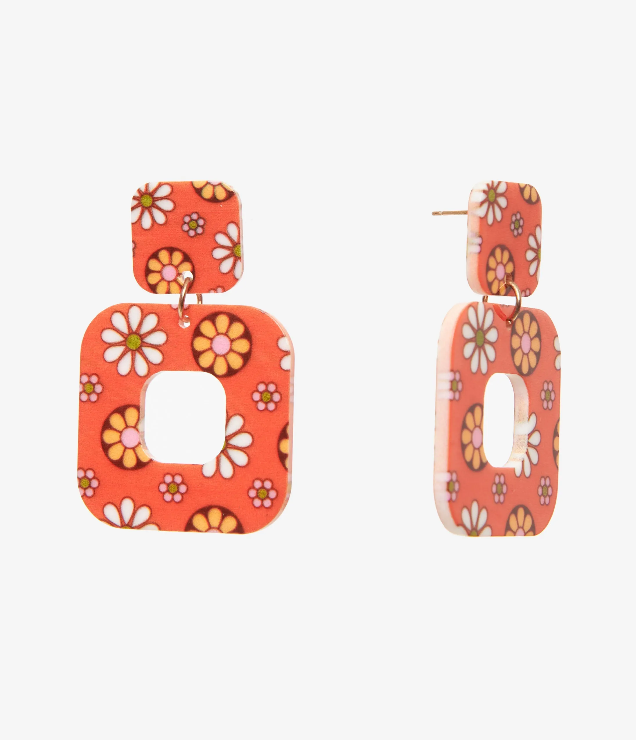 1960s Retro Orange & Mod Floral Square Earrings