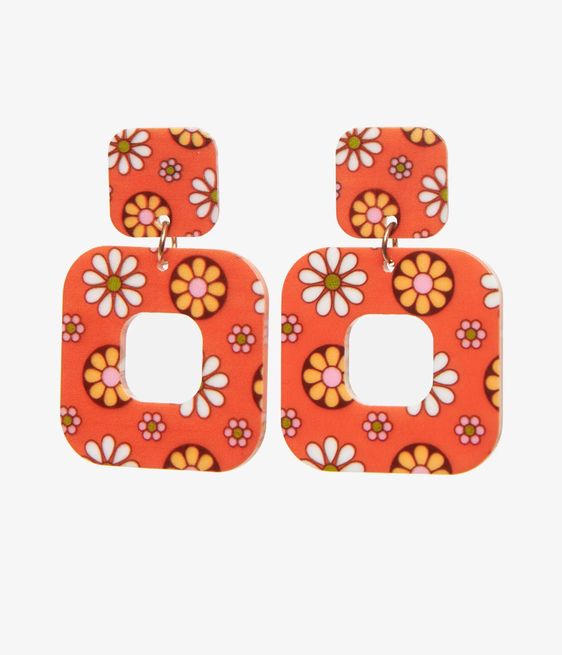 1960s Retro Orange & Mod Floral Square Earrings