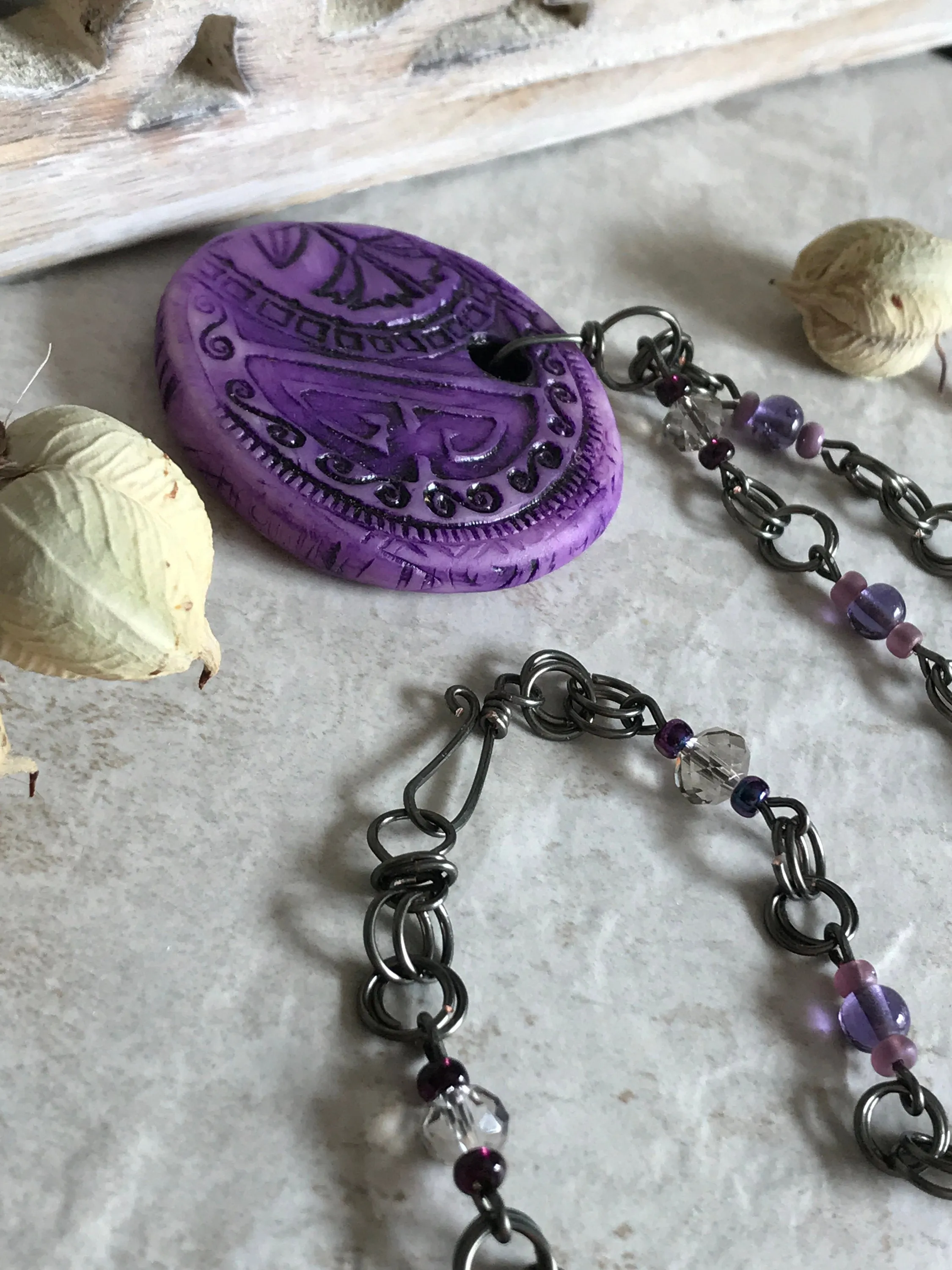 Amethyst Statement Necklace, Handmade Pendant with Hematite