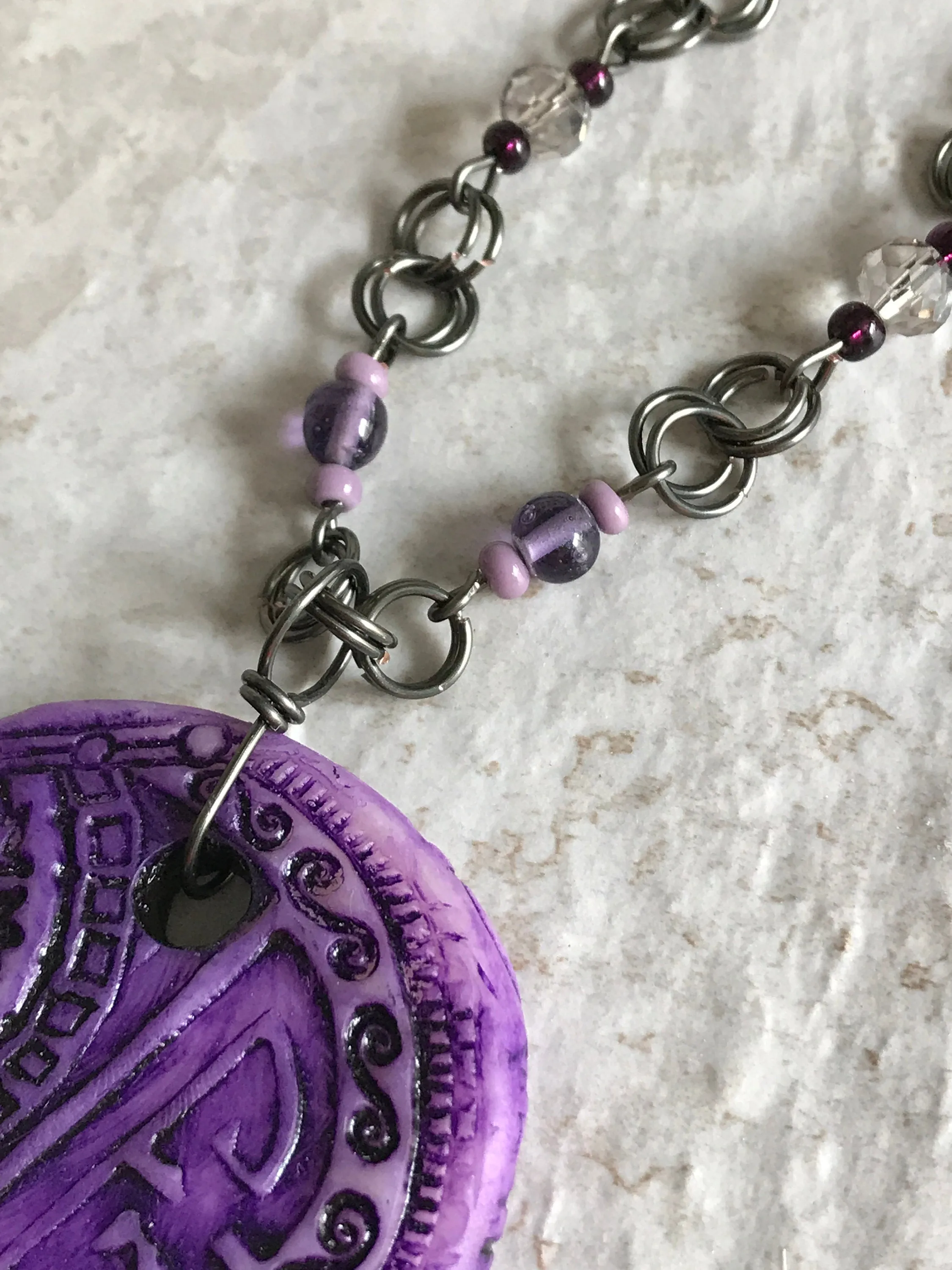 Amethyst Statement Necklace, Handmade Pendant with Hematite