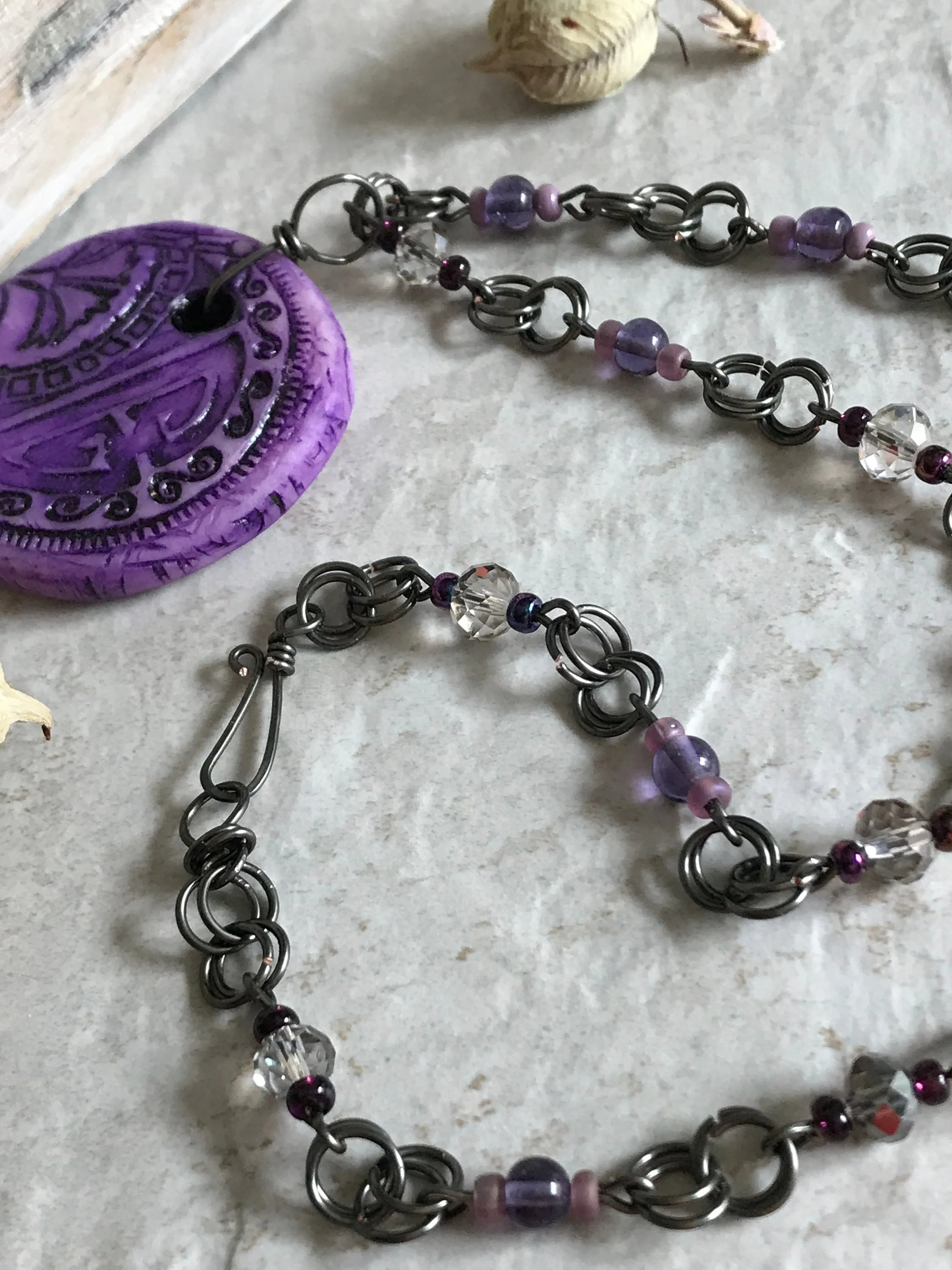 Amethyst Statement Necklace, Handmade Pendant with Hematite