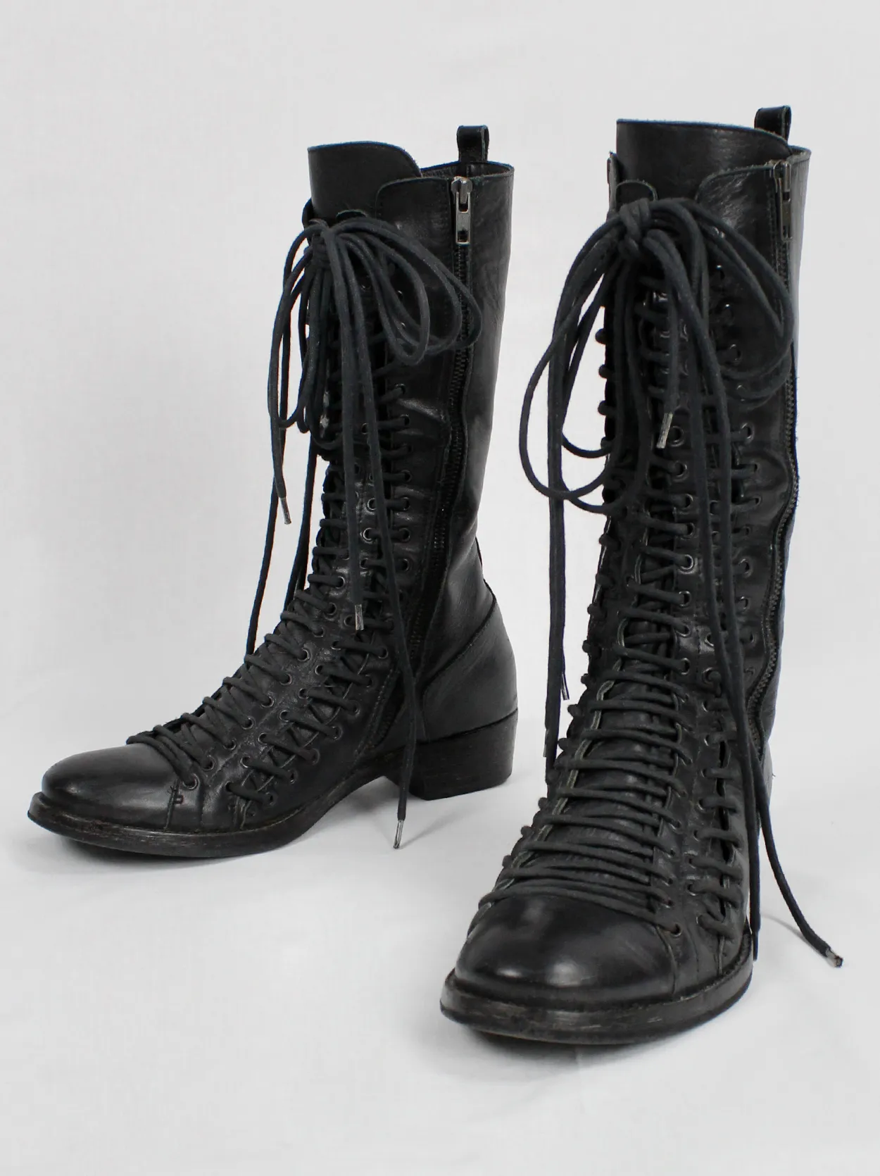 Ann Demeulemeester black tall triple lace boots with low heel (37.5) — fall 2008