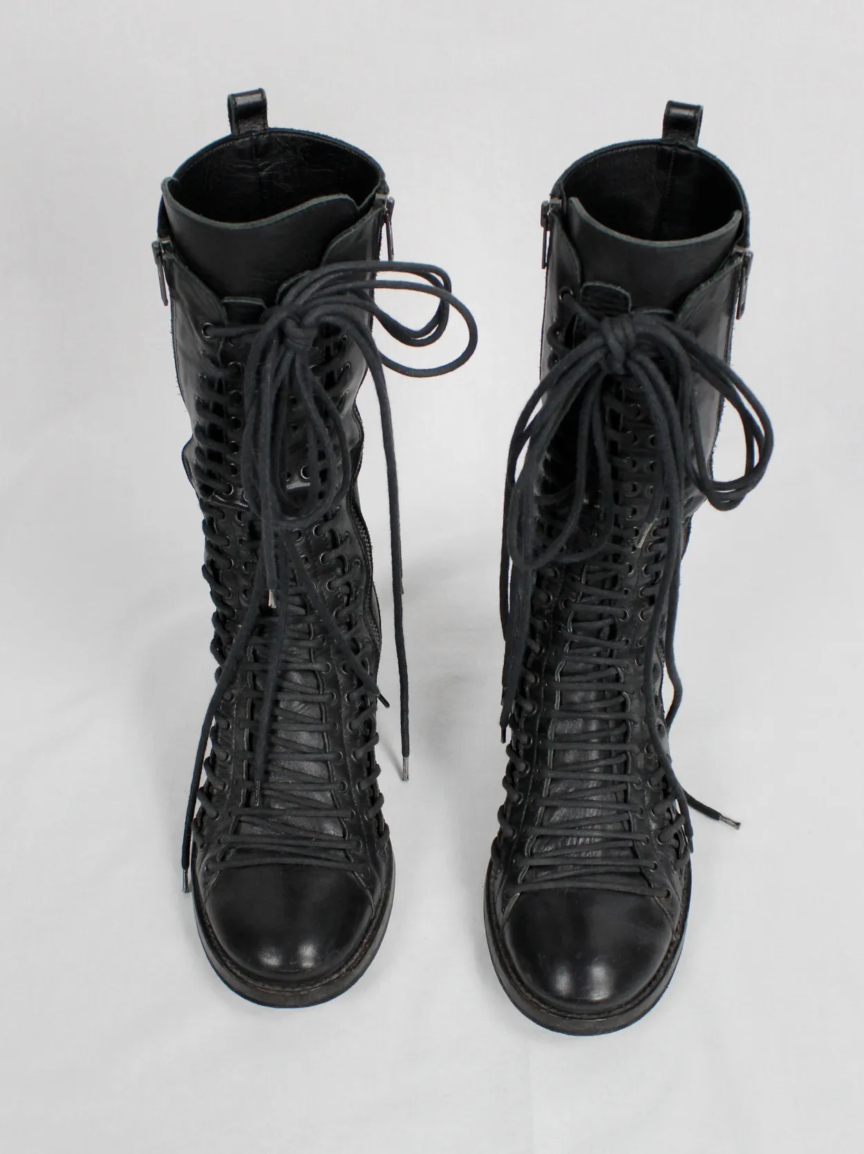 Ann Demeulemeester black tall triple lace boots with low heel (37.5) — fall 2008