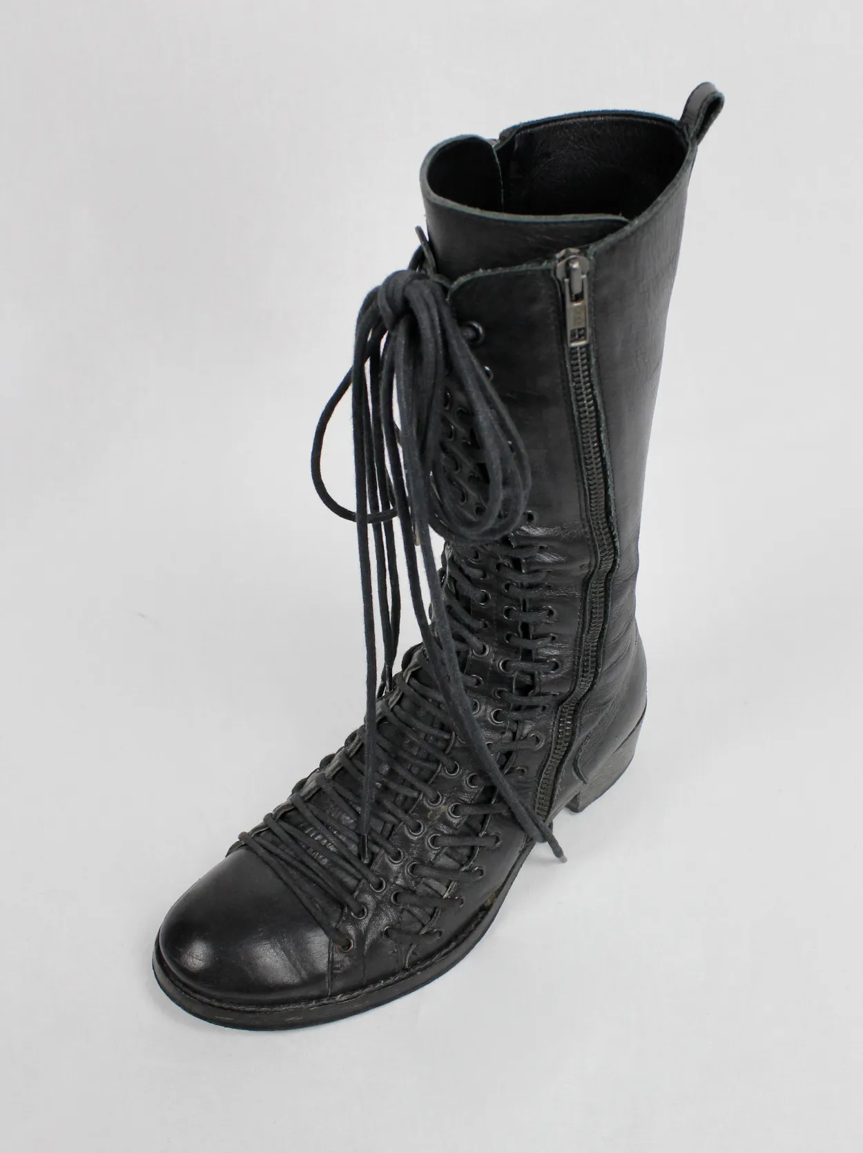 Ann Demeulemeester black tall triple lace boots with low heel (37.5) — fall 2008