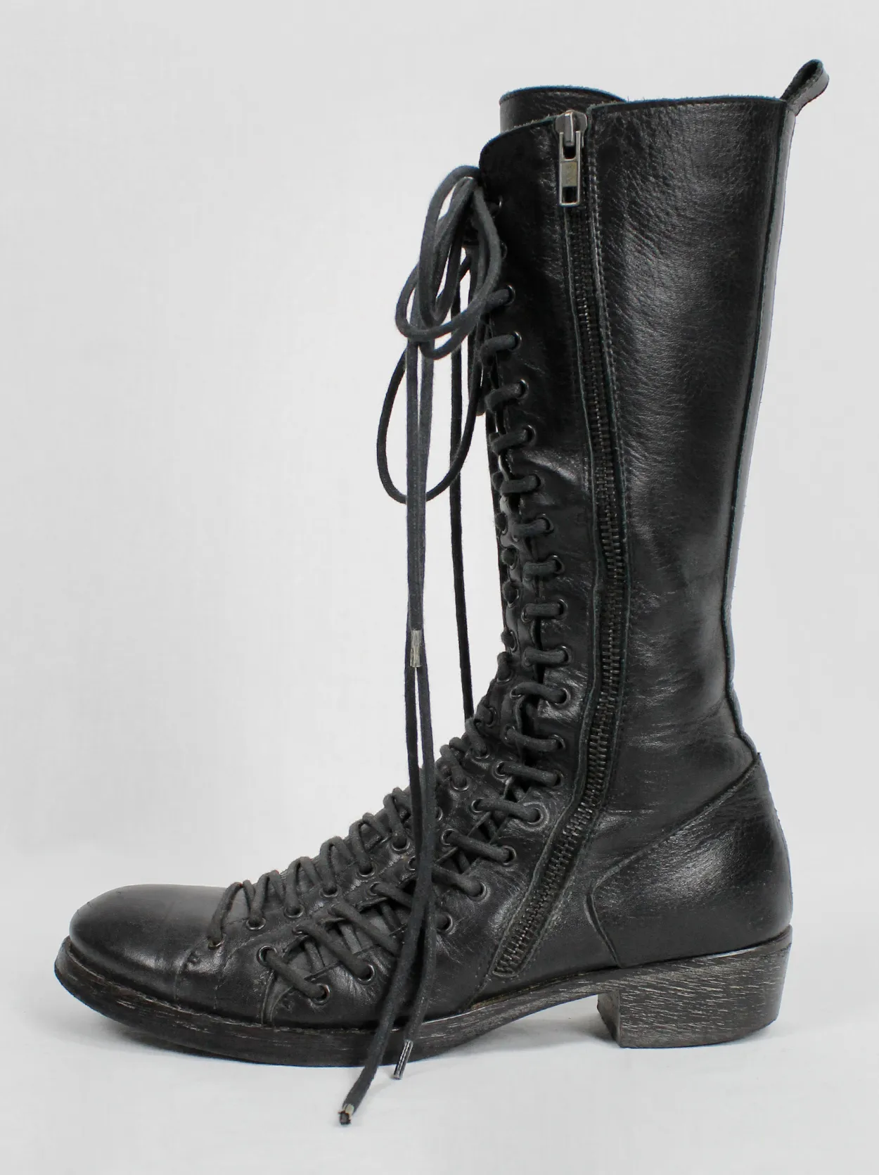 Ann Demeulemeester black tall triple lace boots with low heel (37.5) — fall 2008