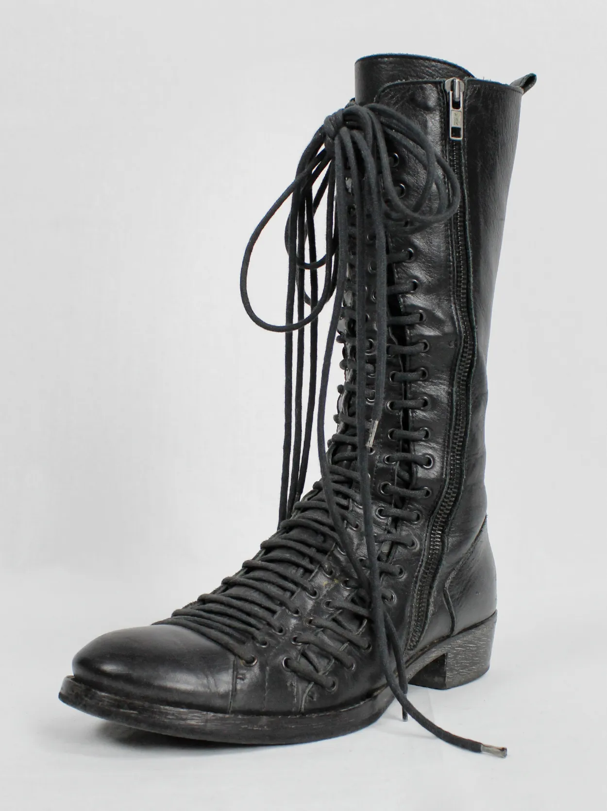 Ann Demeulemeester black tall triple lace boots with low heel (37.5) — fall 2008