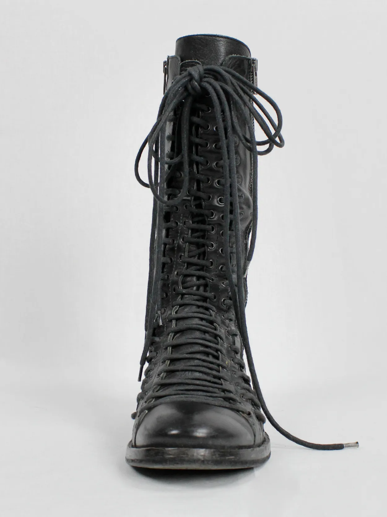 Ann Demeulemeester black tall triple lace boots with low heel (37.5) — fall 2008