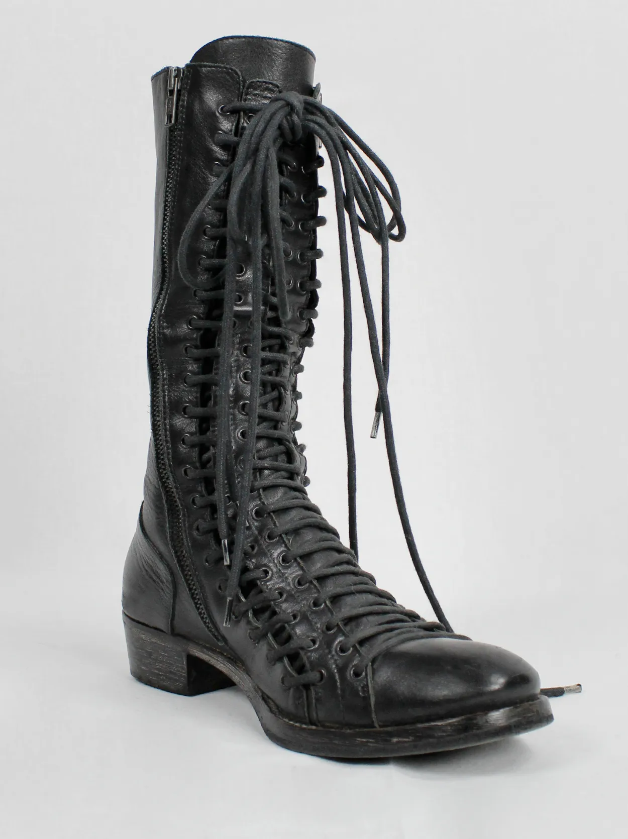 Ann Demeulemeester black tall triple lace boots with low heel (37.5) — fall 2008