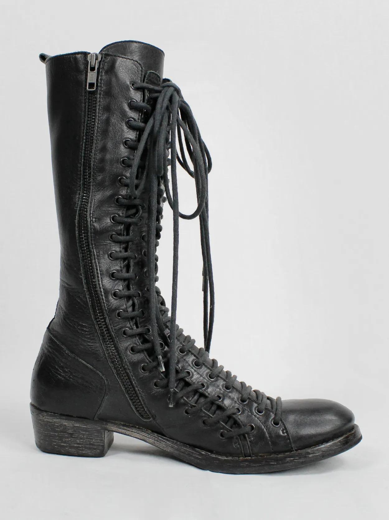 Ann Demeulemeester black tall triple lace boots with low heel (37.5) — fall 2008