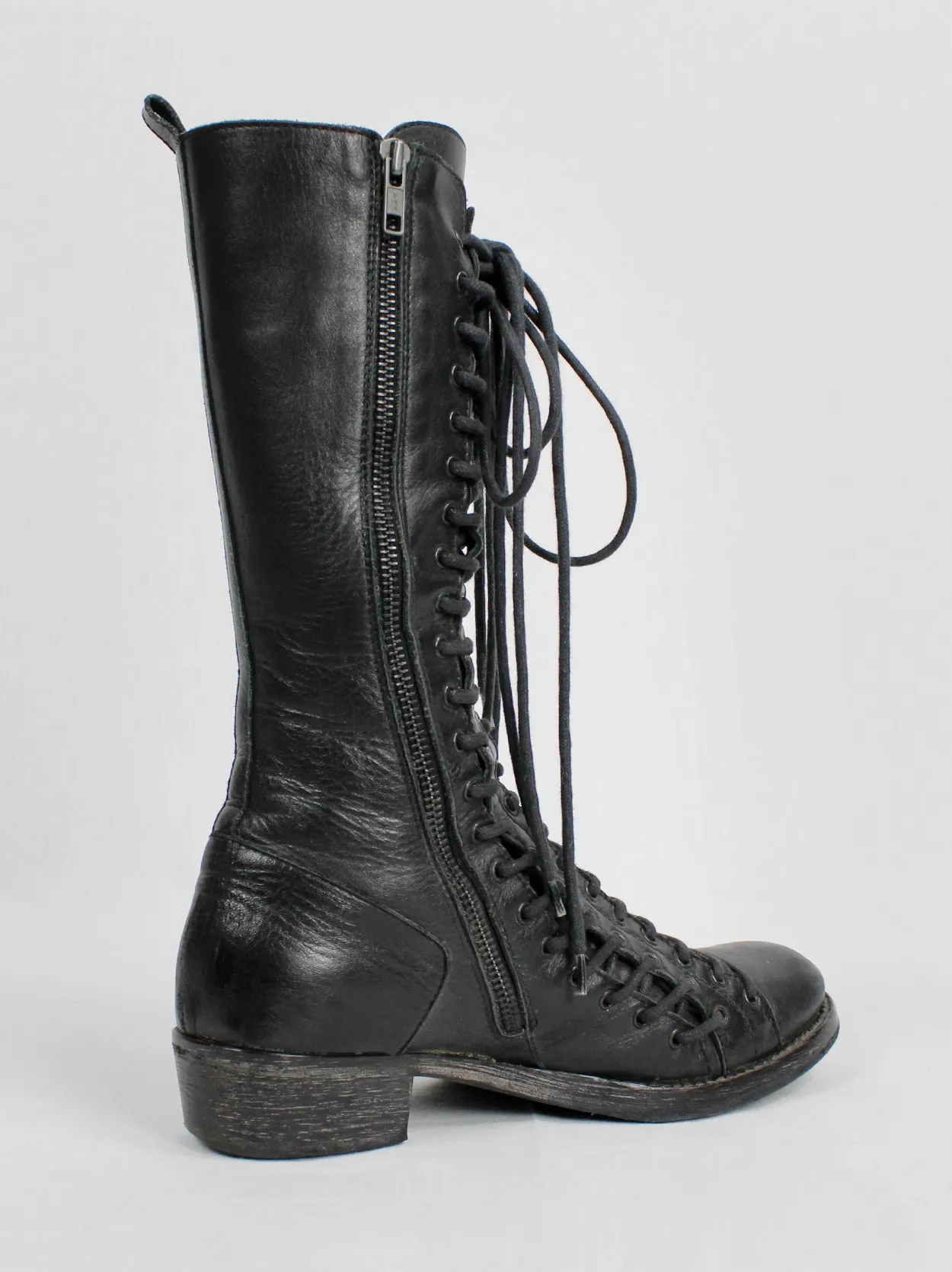 Ann Demeulemeester black tall triple lace boots with low heel (37.5) — fall 2008