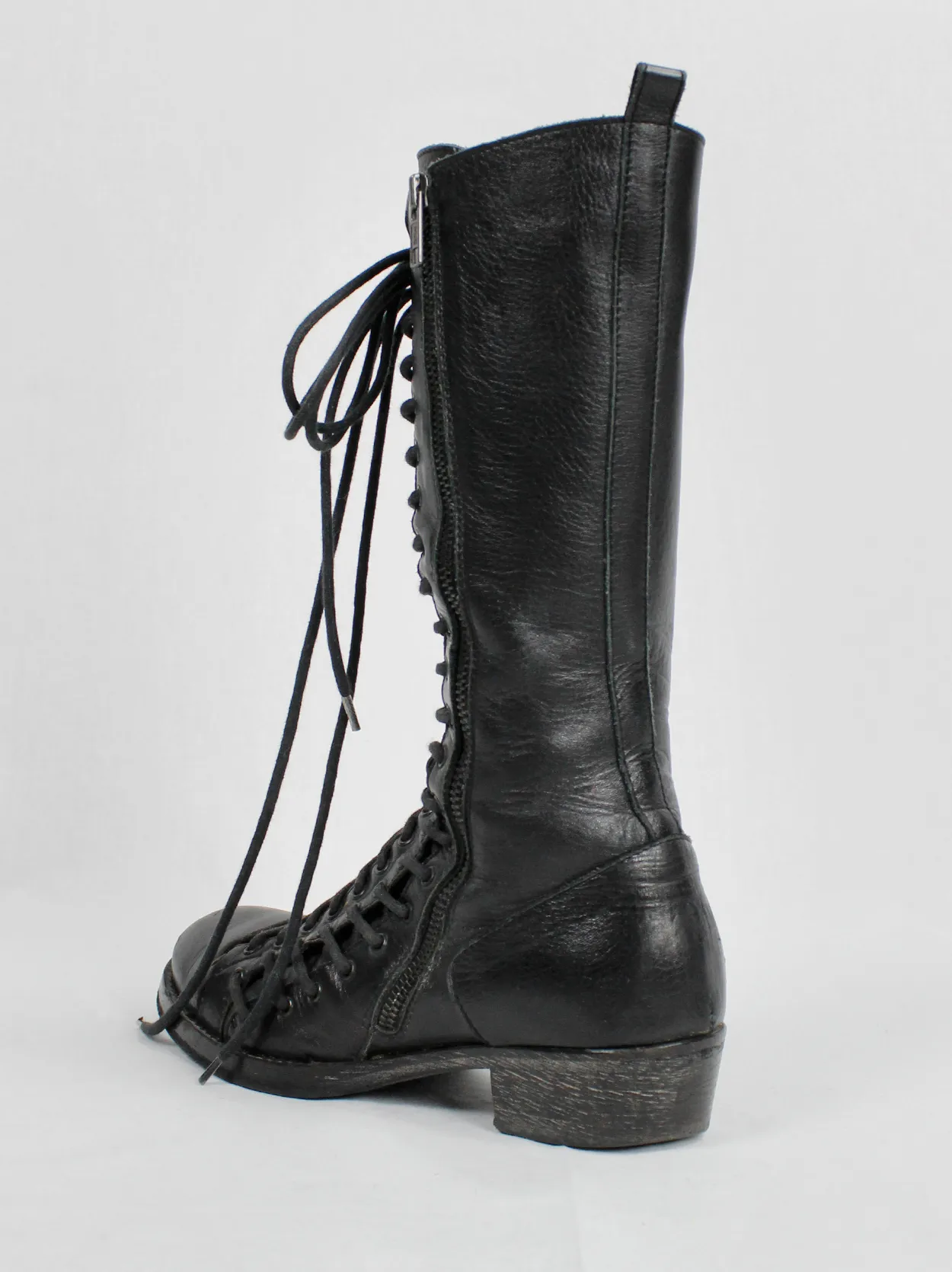 Ann Demeulemeester black tall triple lace boots with low heel (37.5) — fall 2008