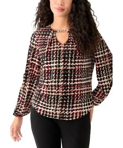 Anne Klein Women's Petite Printed Long Sleeve Pleat Neck Blouse