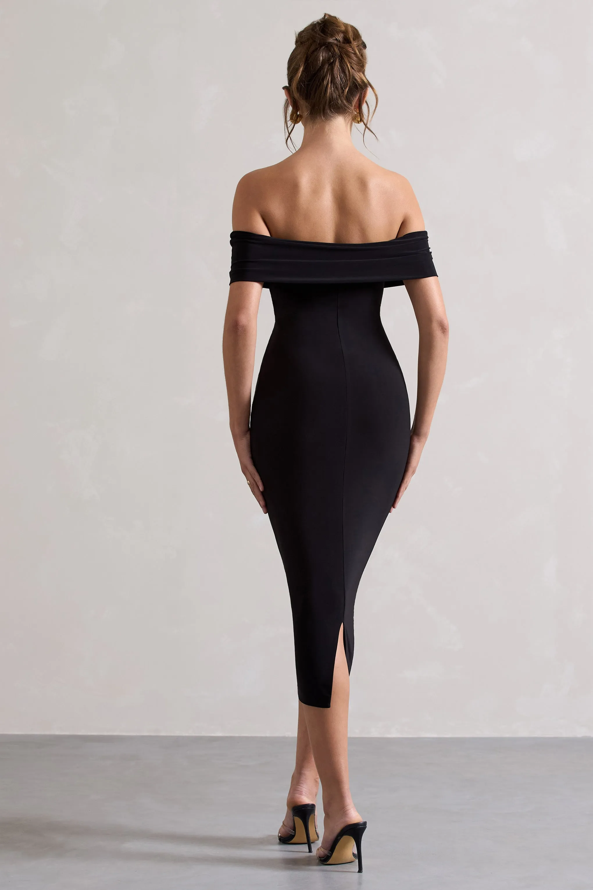 Averie | Black Bodycon Bardot Midi Dress