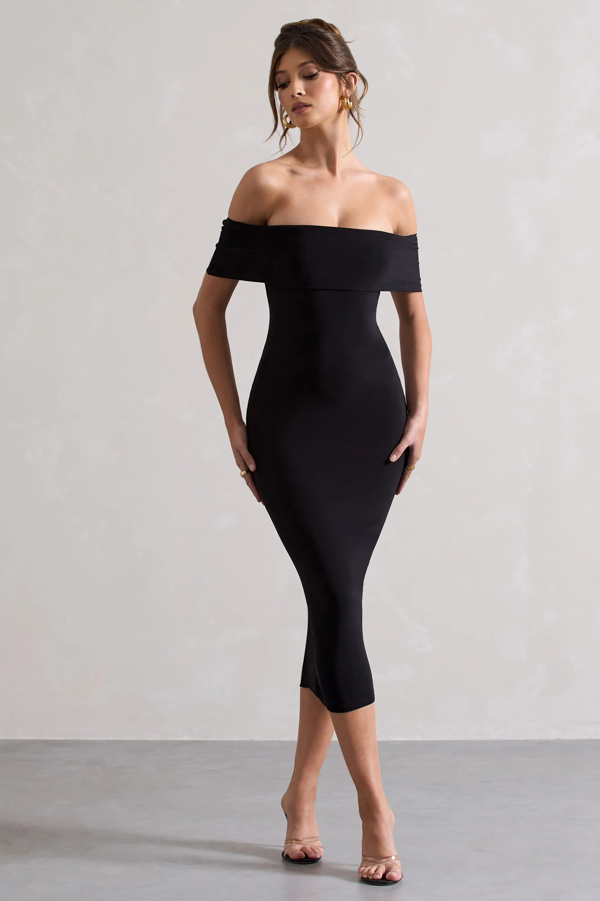 Averie | Black Bodycon Bardot Midi Dress