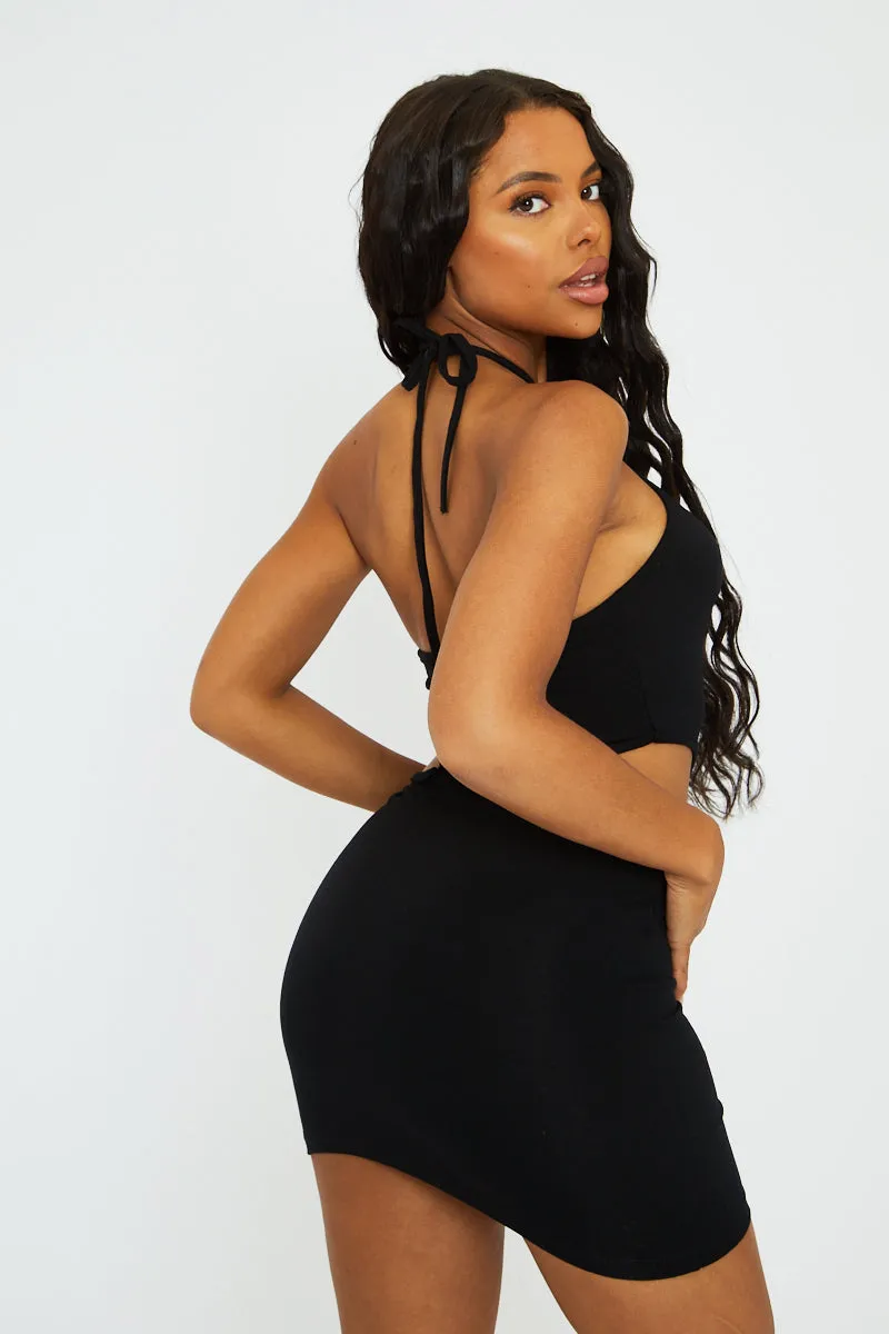 Black Halter Neck Side Cut Out Mini Dress - Davida