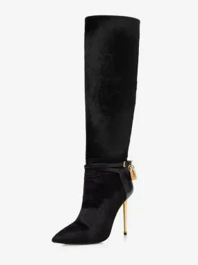 Black Knee High Boots Suede Pointed Toe Lock High Heel Boots