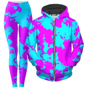 Blue and Purple Paint Splatter Zip-Up Hoodie and Leggings Combo