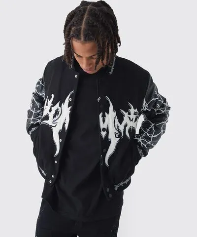 boohoo Mens Boxy Homme Embroidered Sleeve Varsity Jacket