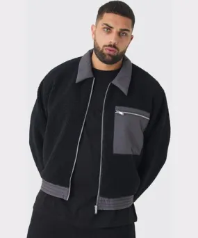 boohoo Mens Plus Boxy Borg And Nylon Collared Bomber Jacket