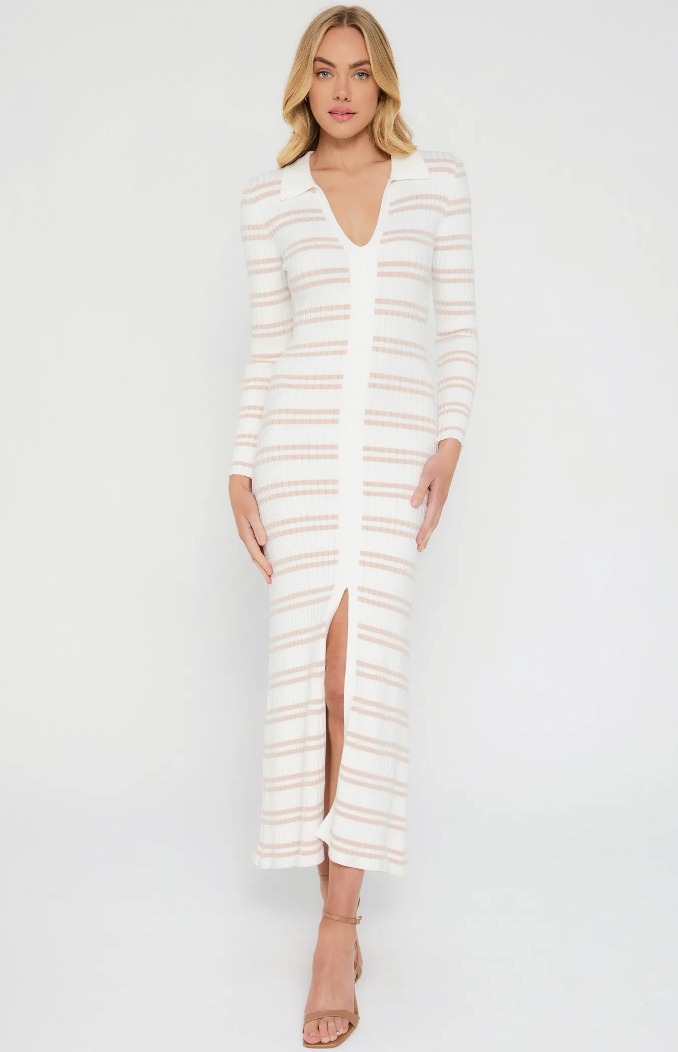 Collared Striped Knit Midi Dress with Front Split (WKN530)