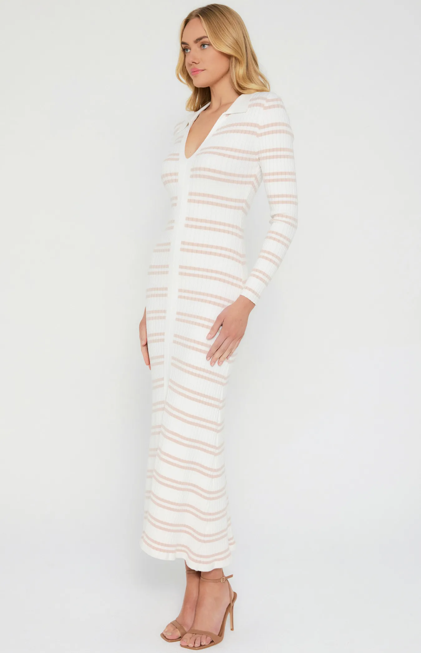 Collared Striped Knit Midi Dress with Front Split (WKN530)