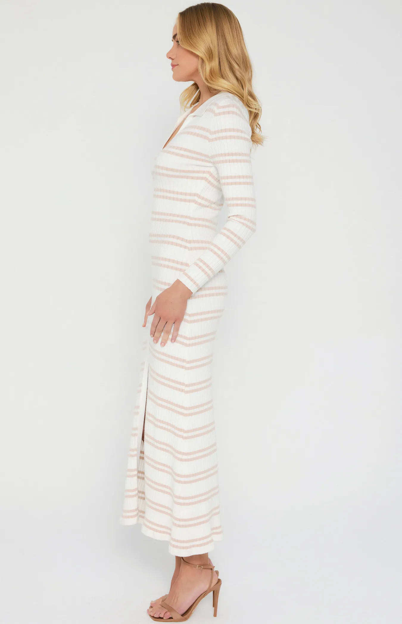 Collared Striped Knit Midi Dress with Front Split (WKN530)