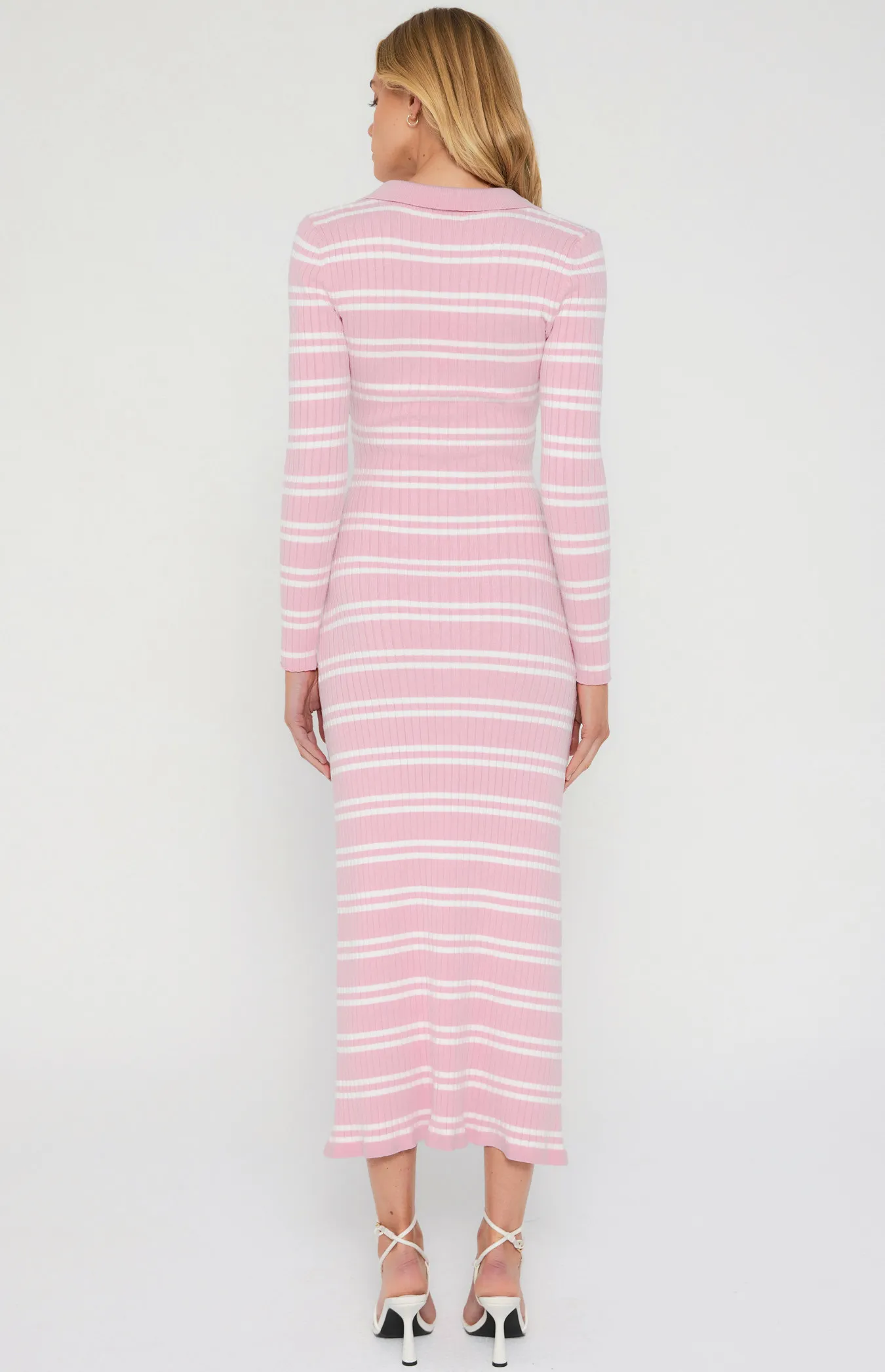 Collared Striped Knit Midi Dress with Front Split (WKN530)