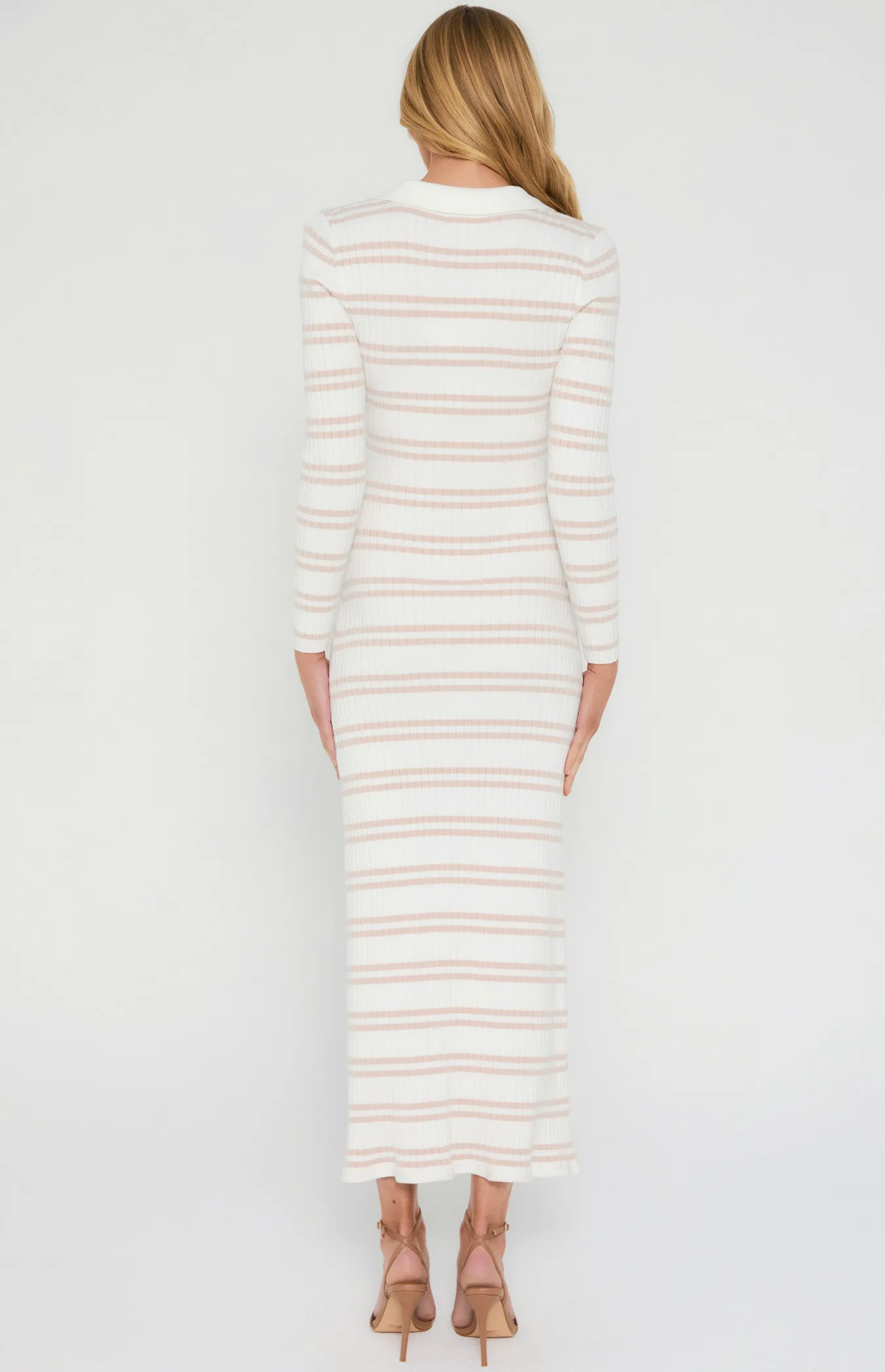 Collared Striped Knit Midi Dress with Front Split (WKN530)