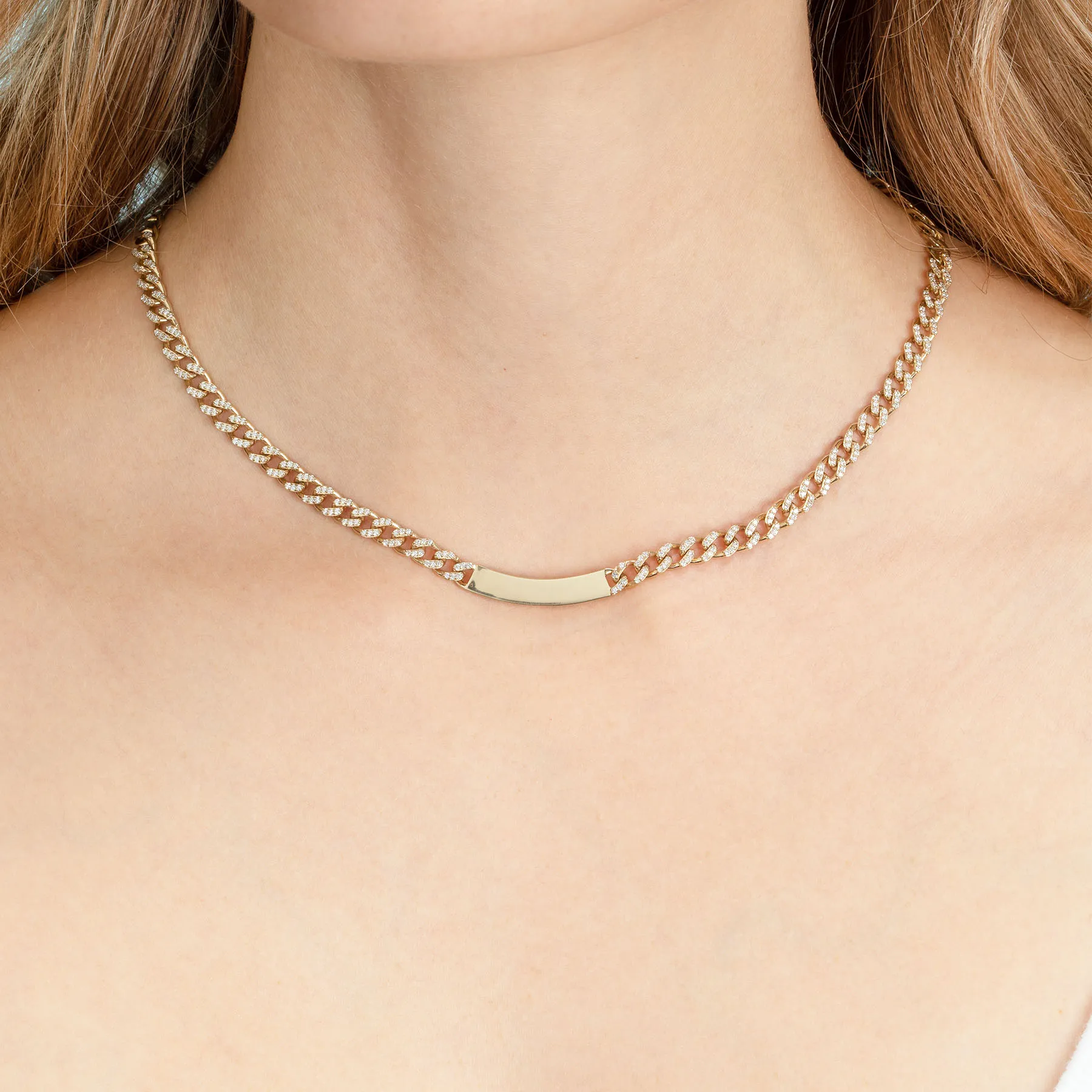 Curb Link ID Necklace - White Diamond / 14k Yellow Gold