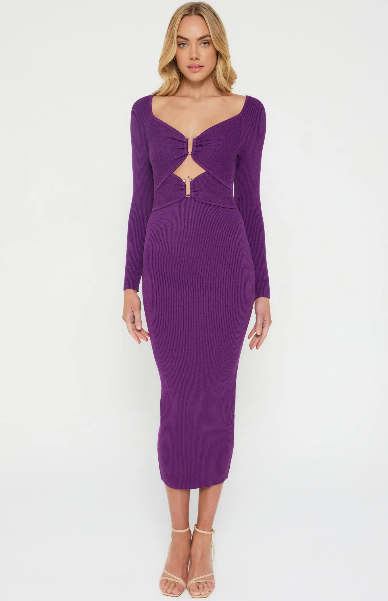 Cut Out Knit Midi Dress with Metal Ring Details (WKN545)