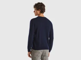 Dark blue V-neck sweater in pure Merino wool - Dark Blue | Benetton