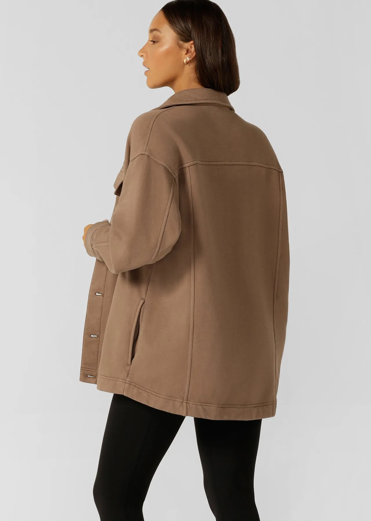 Daybreak Washed Fleece Shacket | Brown | Jackets, Hoodies and Sweats | Lorna Jane Australia