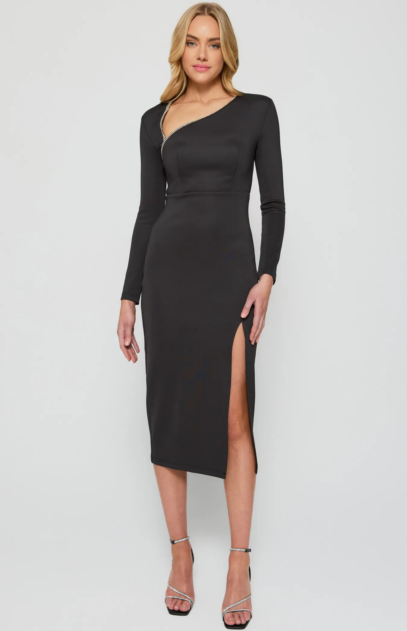 Diamante Trim Asymmetric Neckline Bodycon Dress (WDR662B)