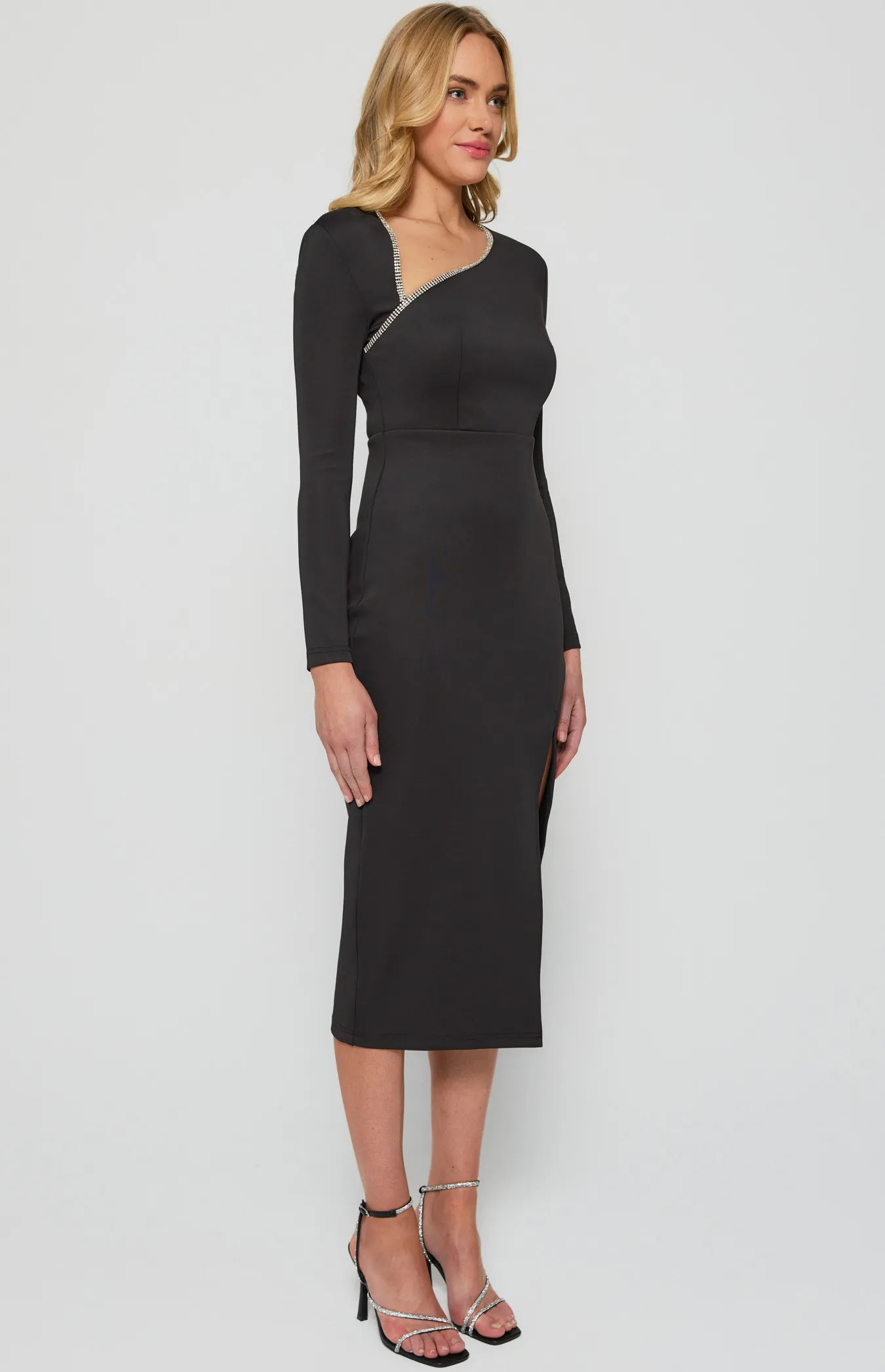 Diamante Trim Asymmetric Neckline Bodycon Dress (WDR662B)