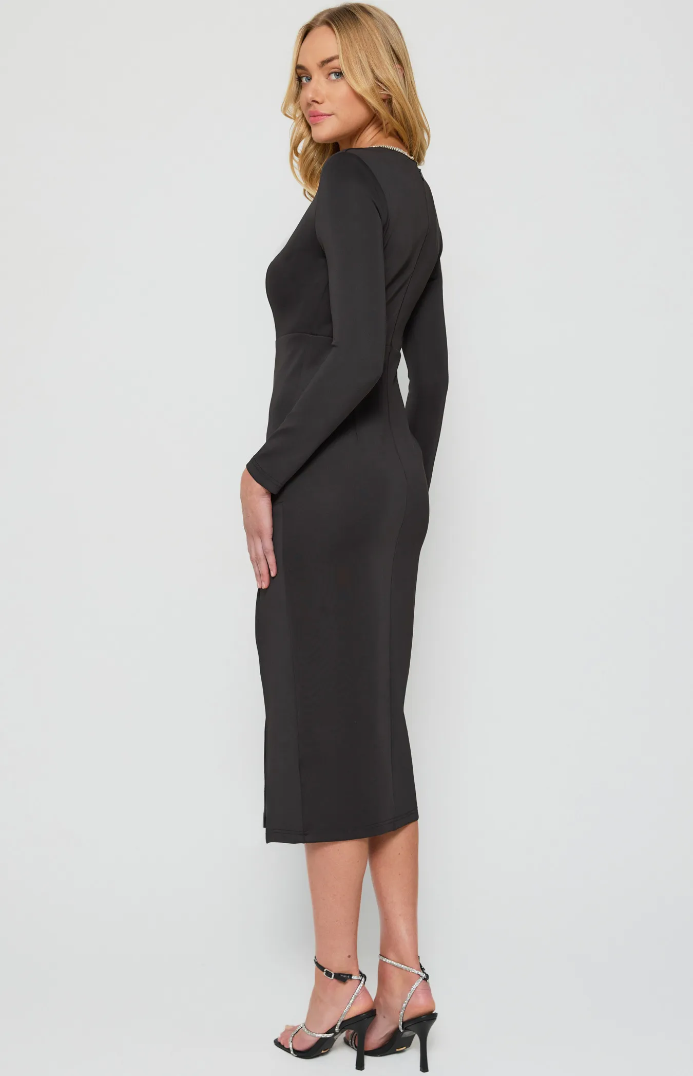 Diamante Trim Asymmetric Neckline Bodycon Dress (WDR662B)