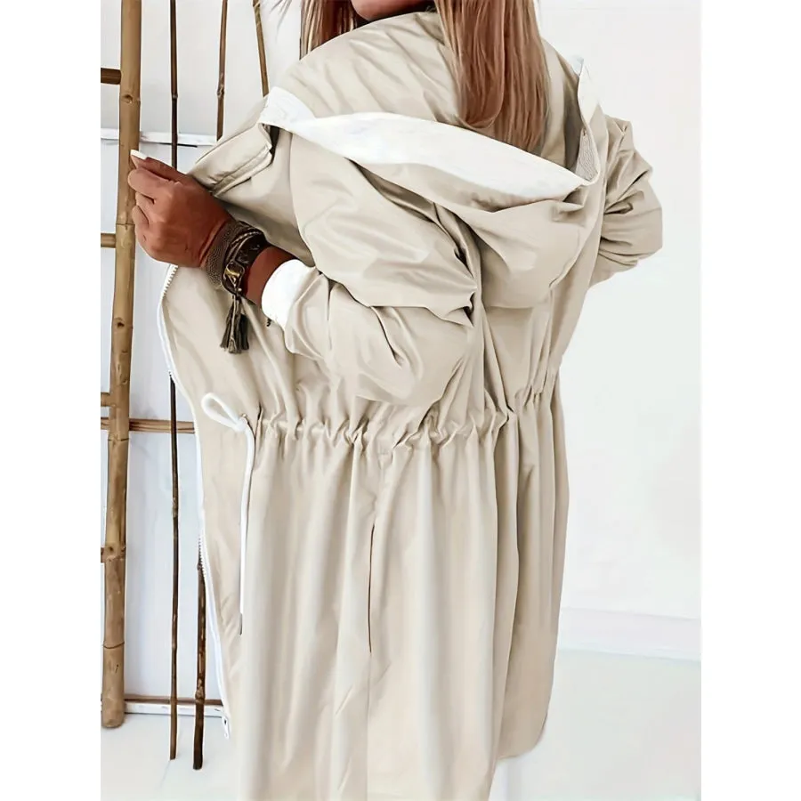 Drawstring Long Sleeve Hooded Trench Coat