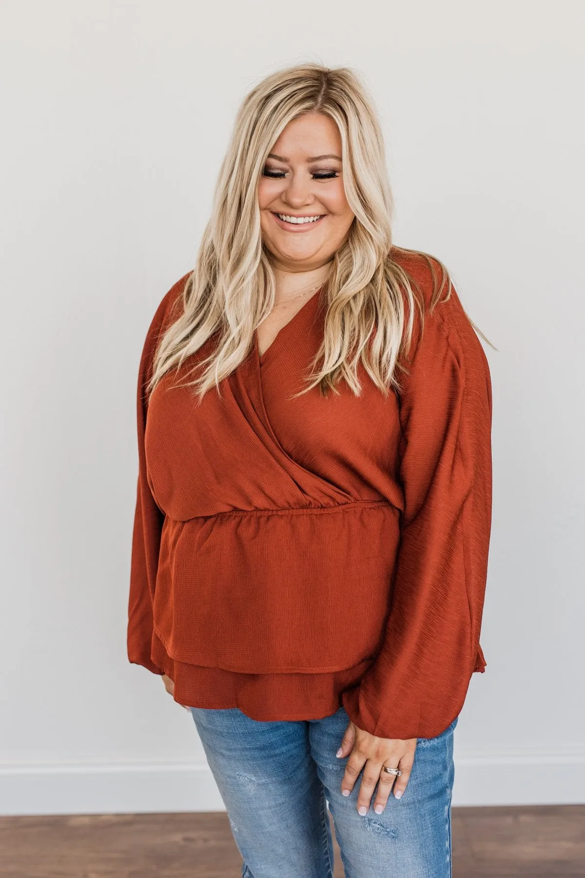 Effortlessly Elegant V-Neck Wrap Blouse- Deep Rust