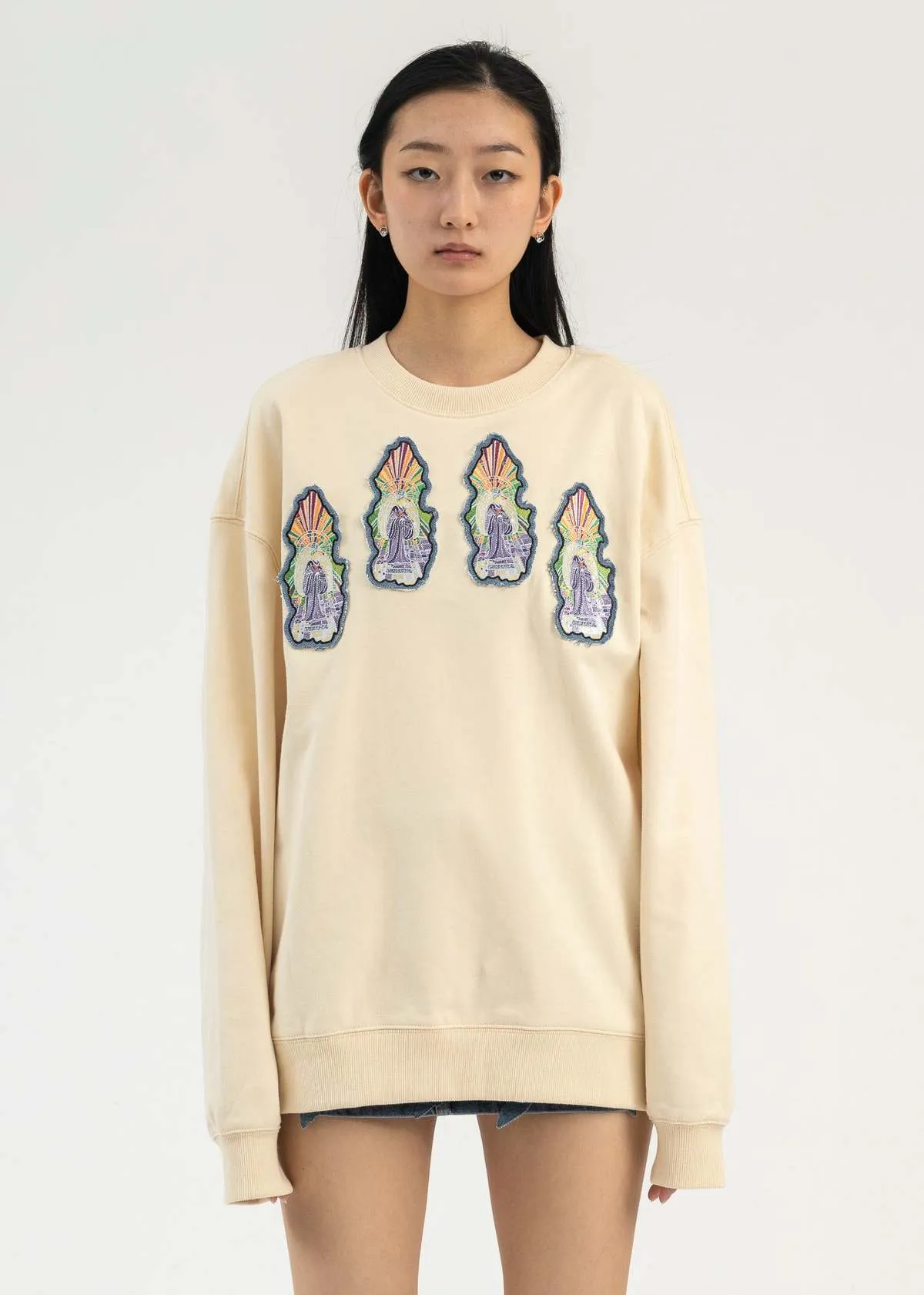 EMBROIDERY PATCHWORK CREWNECK sweater - BEIGE