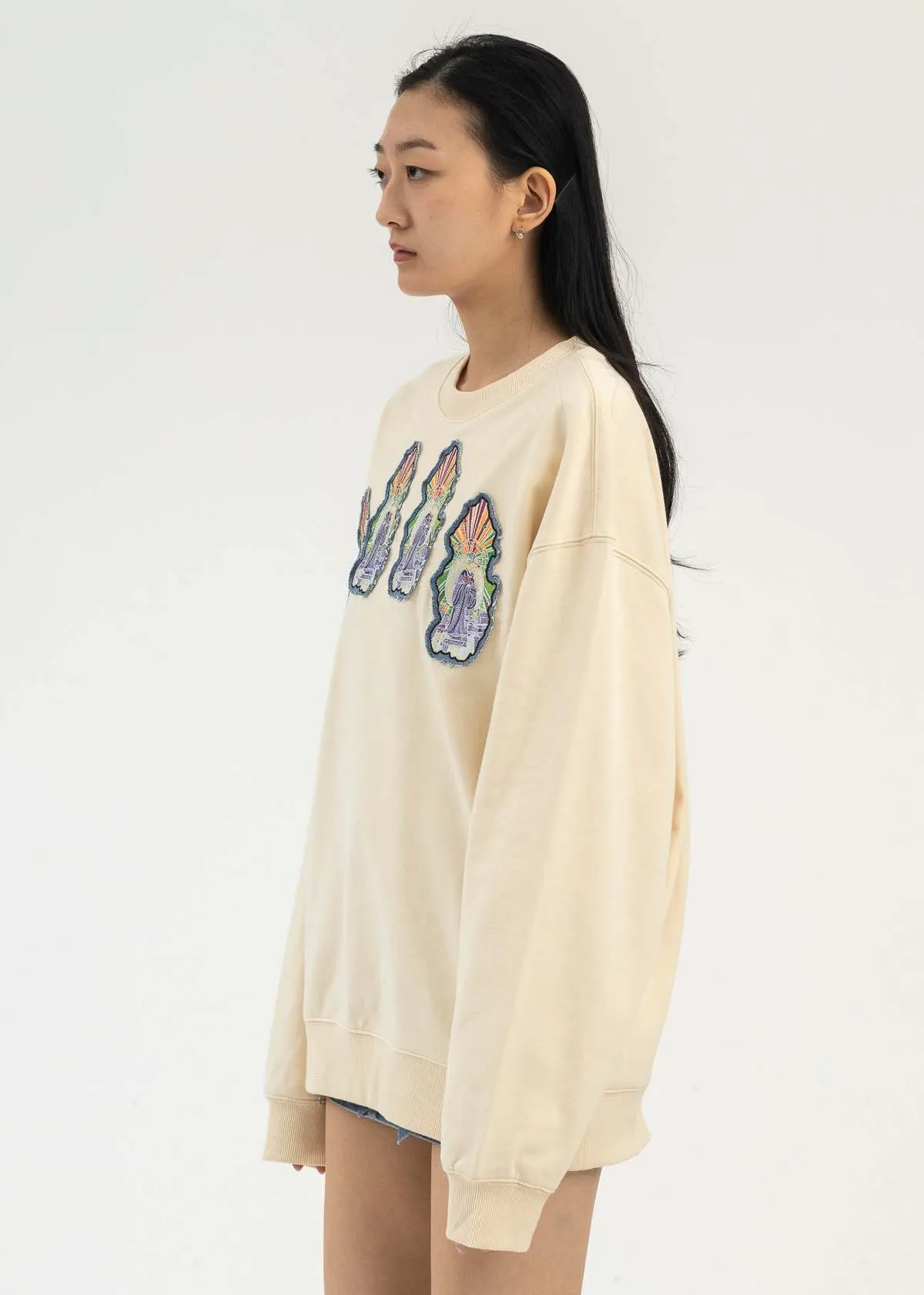 EMBROIDERY PATCHWORK CREWNECK sweater - BEIGE