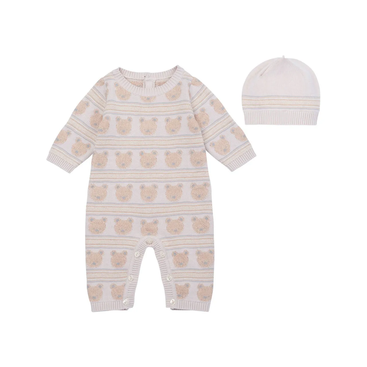 EMILE ET ROSE Harry Two-Piece Bear Babygrow and Hat Set - Stone