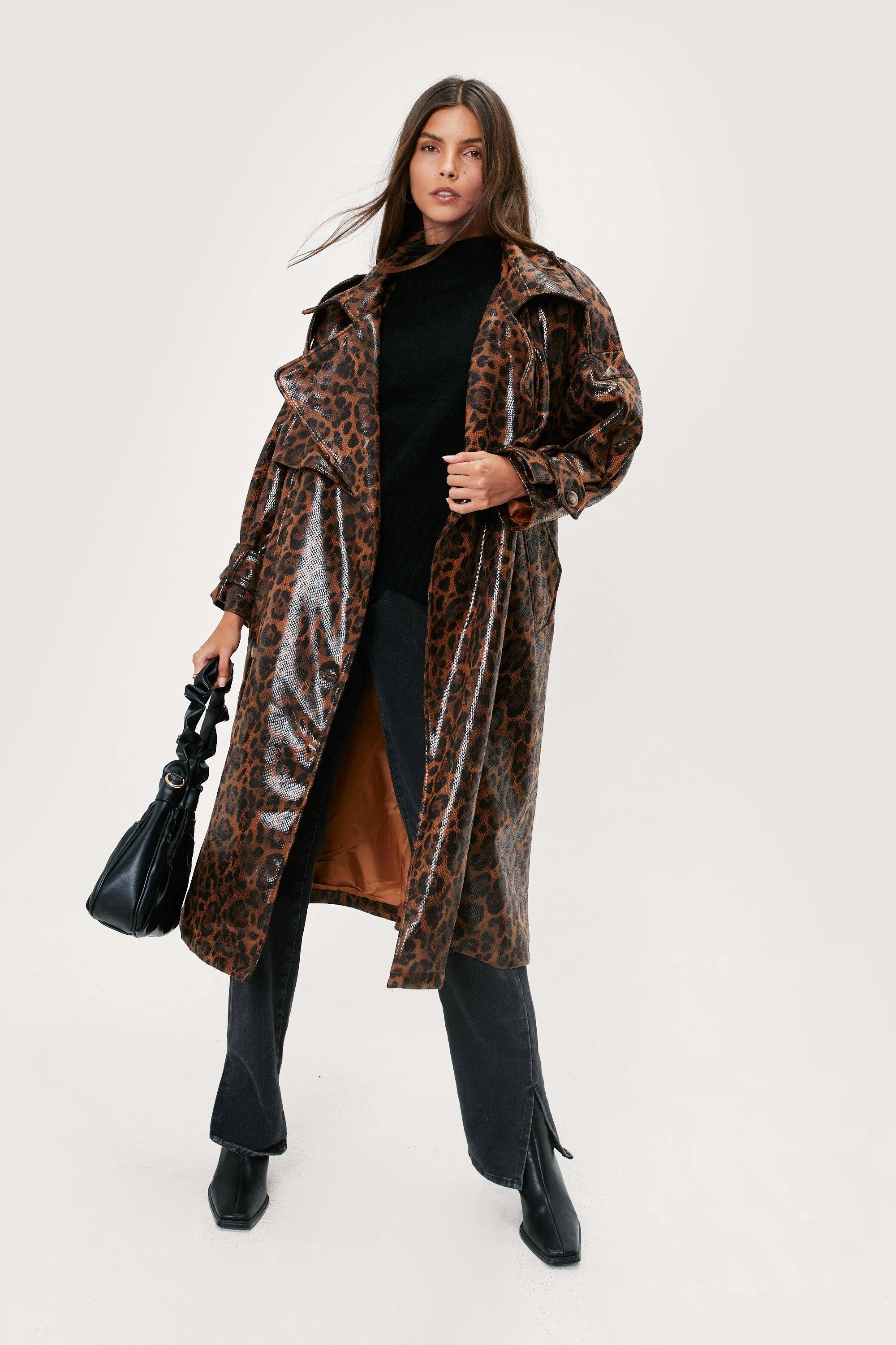 Faux Leather Leopard Oversized Trench Coat