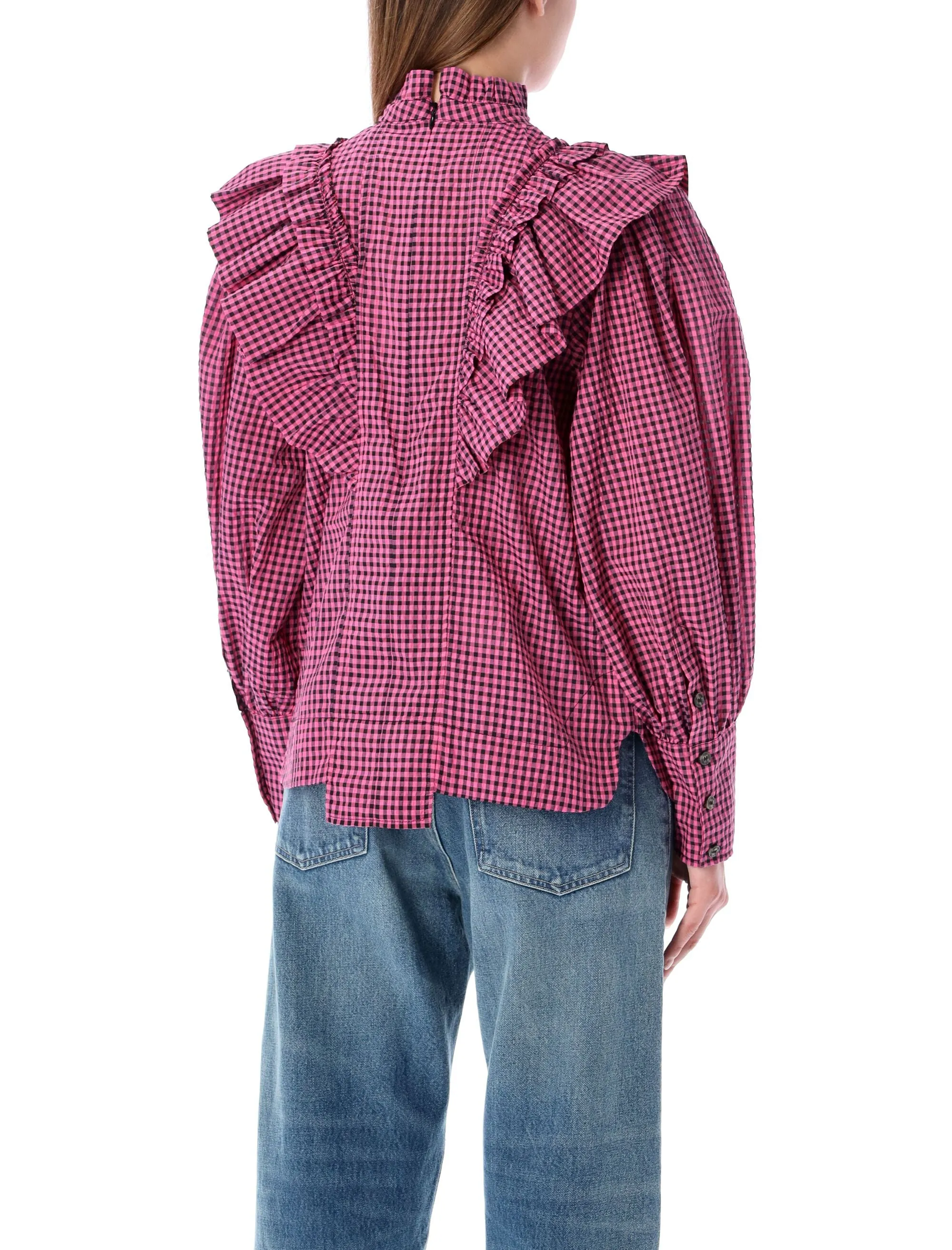 Ganni Seersucker Checked Ruffle Blouse