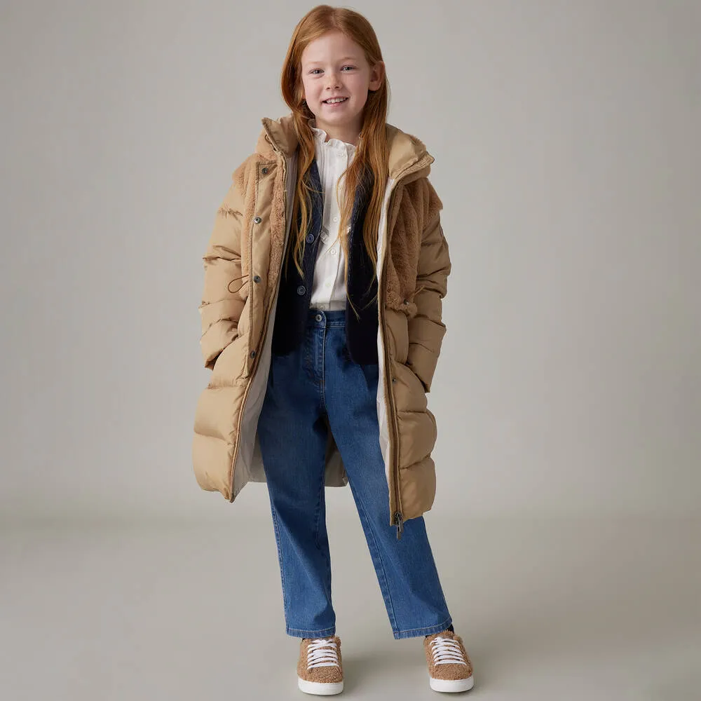 Girls Beige Down Padded Puffer Coat