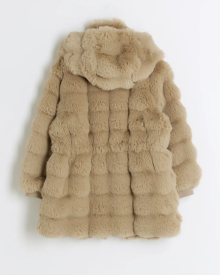 Girls Beige faux fur hooded coat