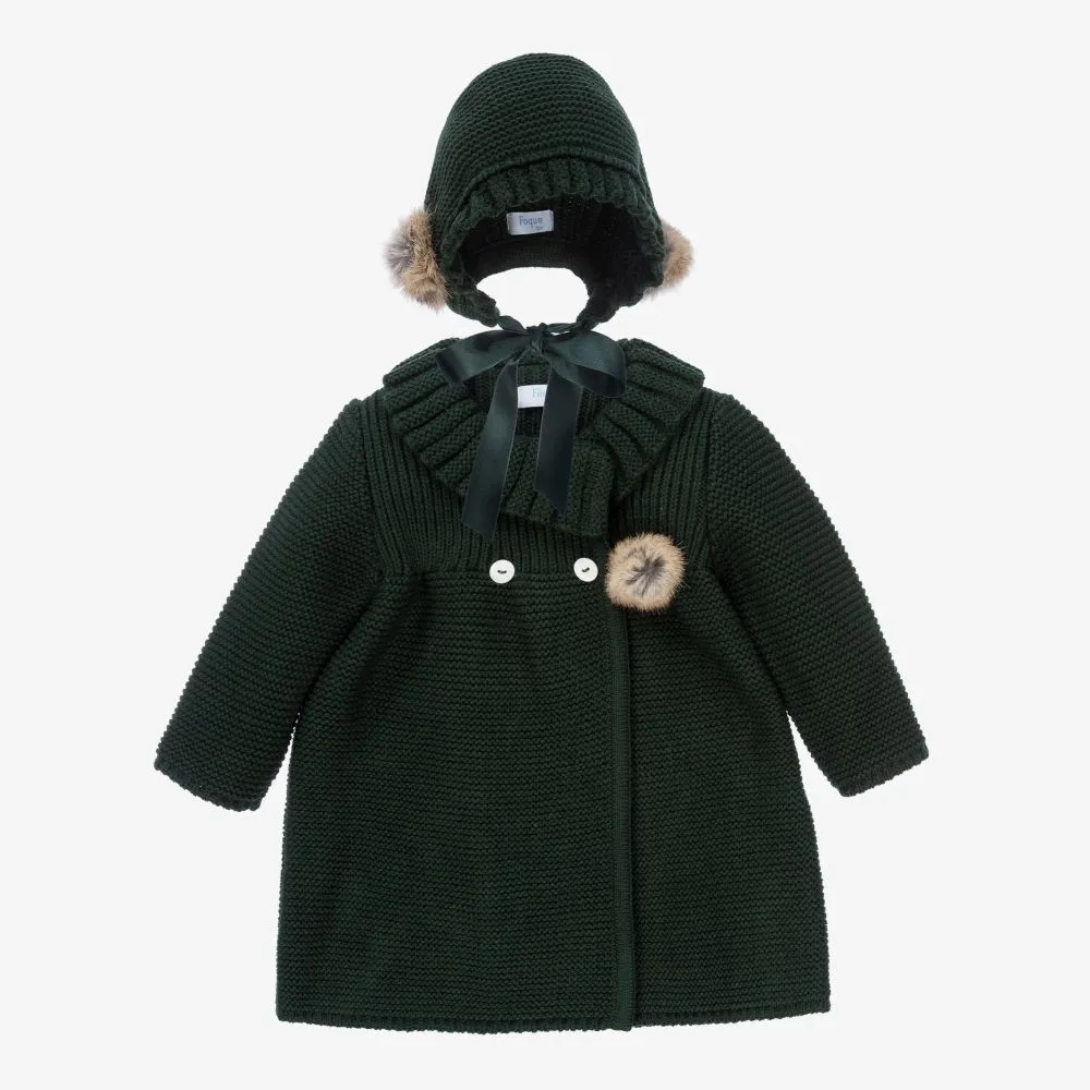 Girls Green Knit Coat & Hat 