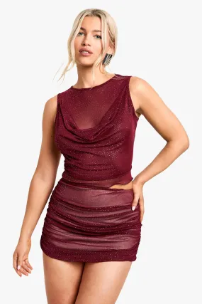 Glitter Mesh Ruched Mini Skirt