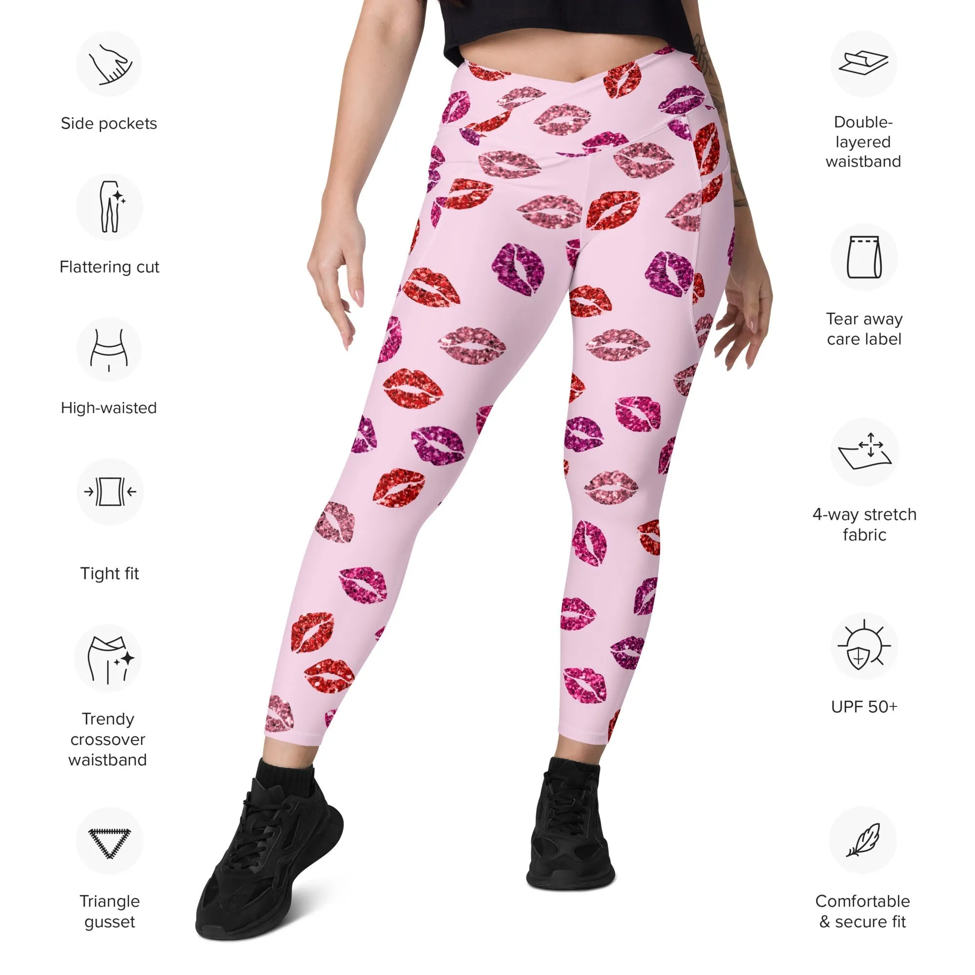 Glitter Print Kisses Crossover Leggings With Pockets