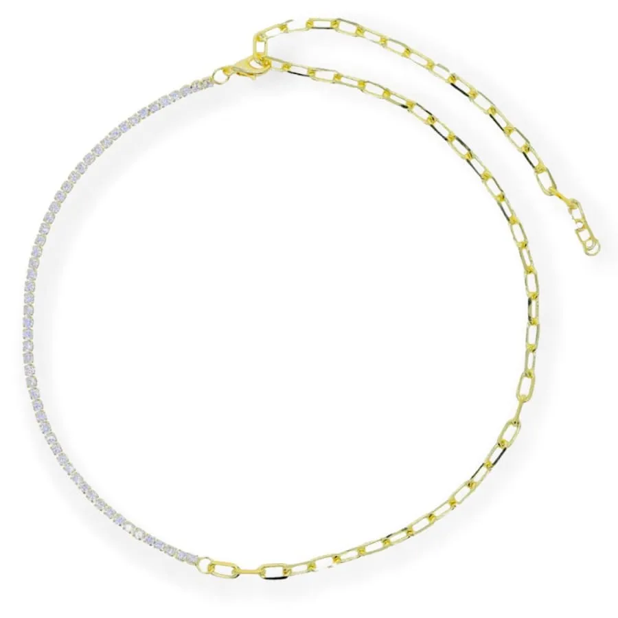 Half tennis stones half paperclip choker chain necklace in 18kts gold plated